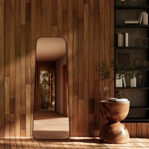 Espelho Grande Pinterest Retrô Corpo Inteiro 110x60cm Borda em Couro 3cm - Mod. Tetris Preto