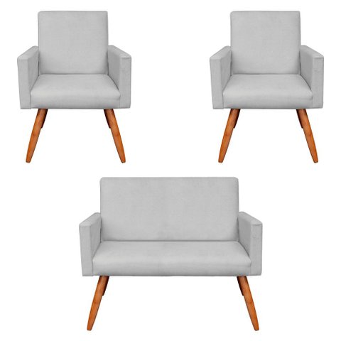 Kit 2 Poltronas e Namoradeira Nina Veludo Cinza Pés Palito Castanho - Slk Decor