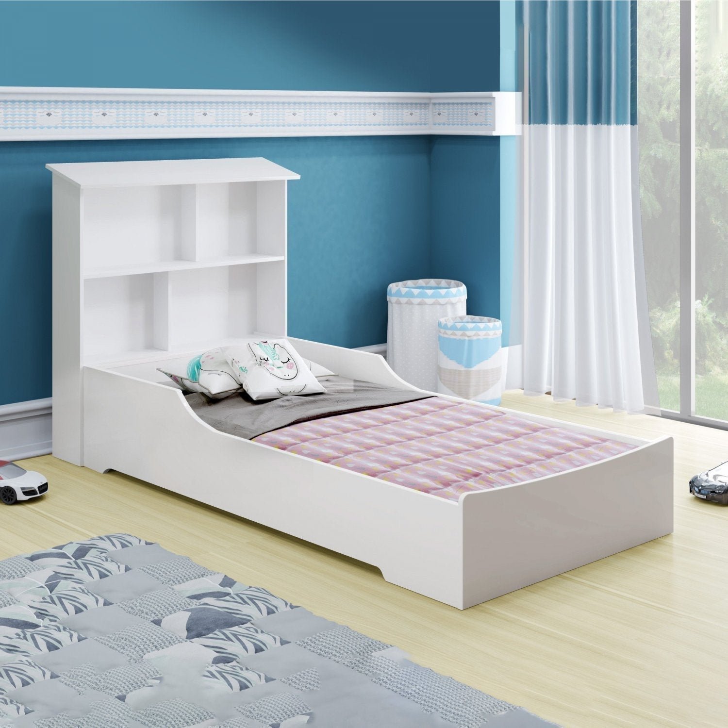 Mini cama Juvenil Infantil Gatinho Branca/Azul Com Colchão - Móveis Bela