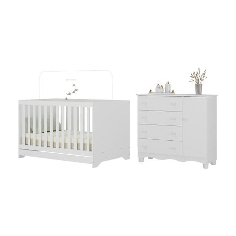 Berço Americano 3 em 1 com Cômoda 1 Porta 4 Gavetas Dengo Multimóveis Mp4686 Branco
