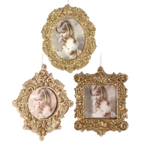 Kit Porta Retrato Gliter Dourado para Árvore Natal 10cm 3 Peças - Magizi
