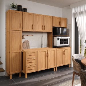 Armário de Cozinha Modular Freijó 4 Peças: Balcão, Aéreo, Paneleiro e Torre Quente Madeira Pinus - T