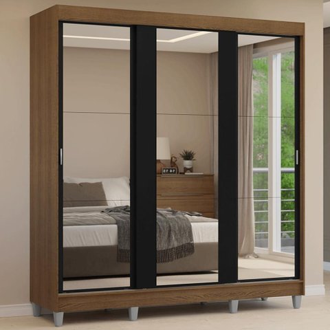 Guarda-Roupa Casal com Pés 3 Portas de Correr de Espelho Reno Madesa
