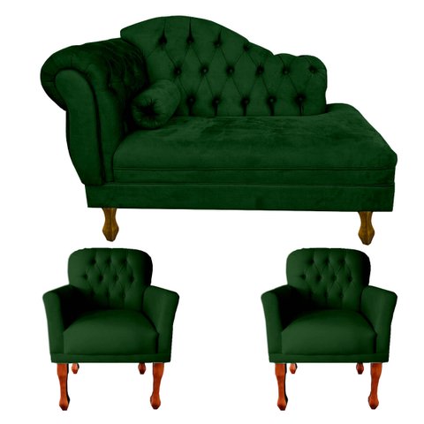 Jogo Divã 120cm Modelo Imperial + 2 Poltronas Stephany Suede:verde