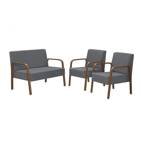 Conjunto Jade 2 Poltronas de 1 Lugar e 1 Poltrona de 2 Lugares Braço Madeira Dsalla Suede Grafite