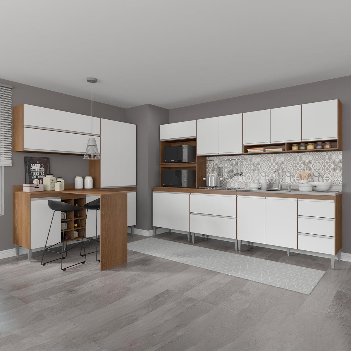 Cozinha Grande Completa Modulada Branca Sabrina com Bancada e Armário ...
