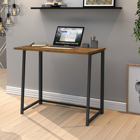 Escrivaninha Industrial Tampo 80 cm Dobrável MDF Aço Escritório Moderna Canela