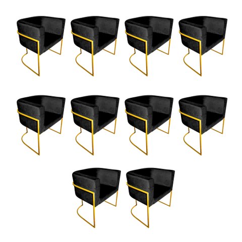 Kit 10 Poltronas Decorativa Sala de Estar Base de Ferro Dourada Veludo Preto