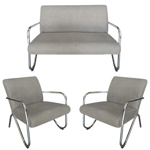 Kit Namoradeira + 2 Poltronas Decorativa Bela Linho Bege Braço Cromado