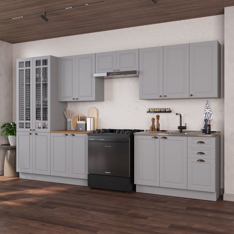 Cozinha Modulada 6 Peças 1 Cristaleira com Vidro 2 Balcão sem Tampo 3 Aéreos 100% MDF com Rodapé Bari Cinza/Titânio Fosco
