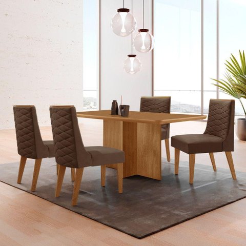 Mesa Olimpia 120 Mdf Canto Copo e com 4 Cadeiras Safira Veludo Marrom/naturalle/naturalle
