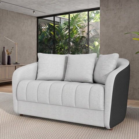 Sofá Living 152cm Linho Cinza Preto 2 Lugares com 3 Almofadas Abba