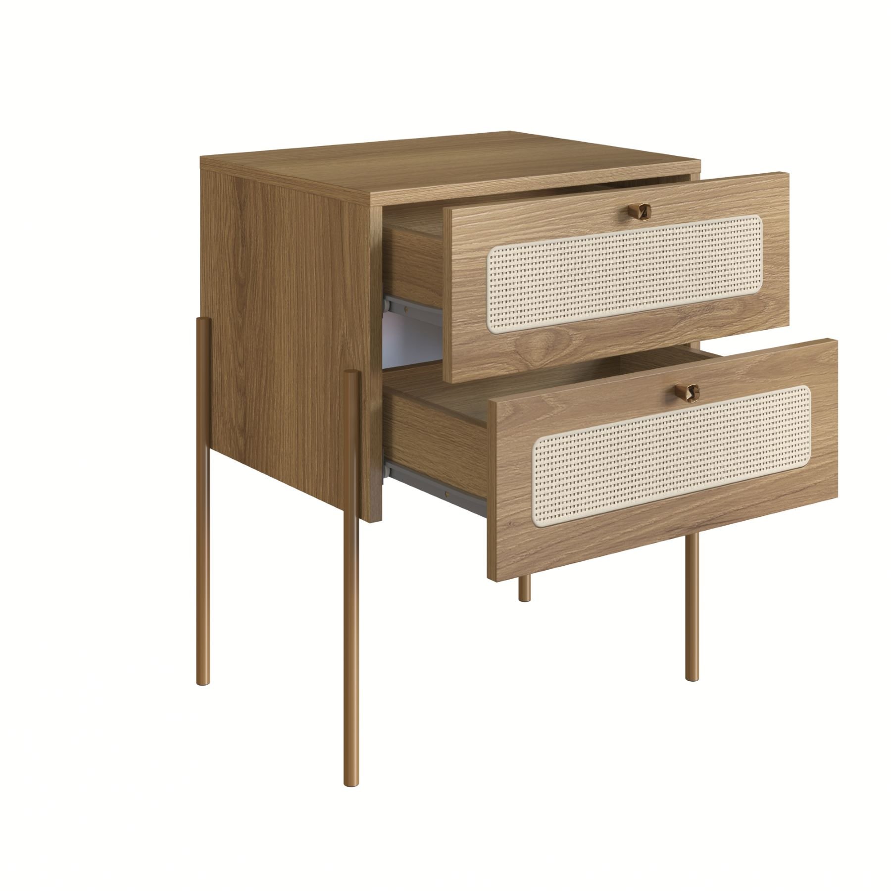 Mesa de Cabeceira Linha Oslo 2 Gavetas Mdf Cor Hanover Base Metal Dourado Acabamento Palha Sintética - 2