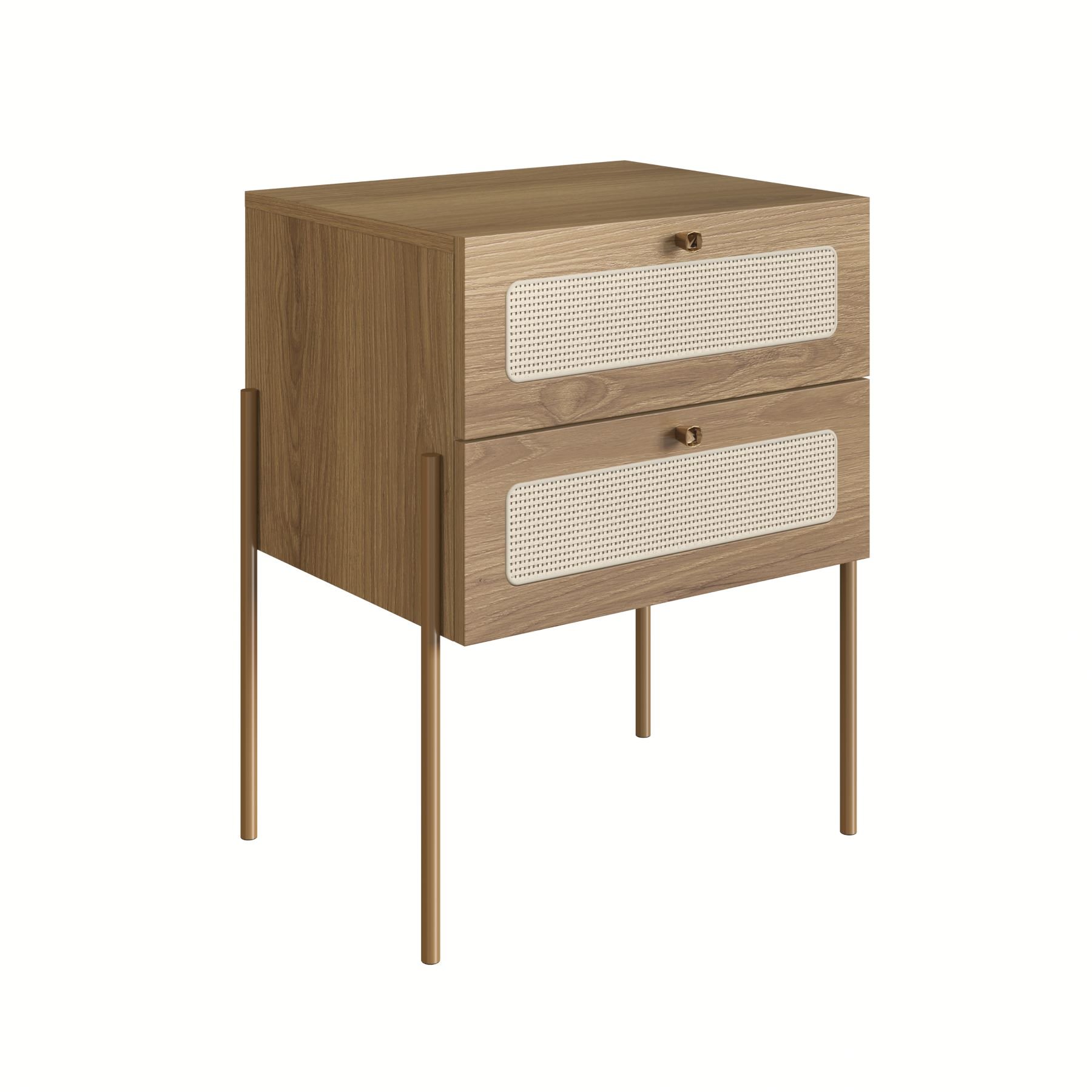 Mesa de Cabeceira Linha Oslo 2 Gavetas Mdf Cor Hanover Base Metal Dourado Acabamento Palha Sintética