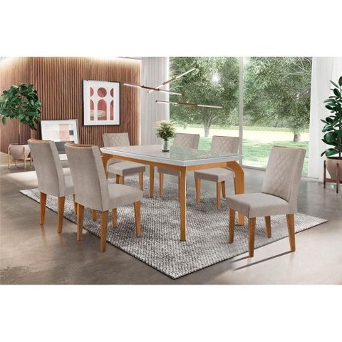 Conjunto Mesa de Cozinha Londrina Tampo Madeirado com Vidro 180x90cm e 6 Cadeiras Jade Capuccino