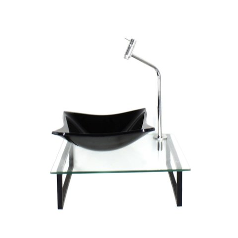 Gabinete de Vidro com Cuba Quadrada Preta Tampo 40cm Incolor Mais Torneira Metal