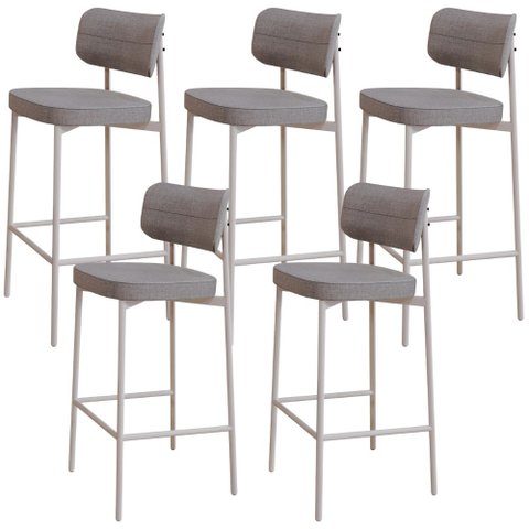 Kit 05 Banquetas Alta Bar Cozinha Sala de Jantar Aço Branco Kaira C01 Linho Cinza - Lyam Decor