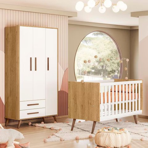 Quarto de Bebê Q Encanto Retrô Roupeiro e Berço - Moveis Leartam