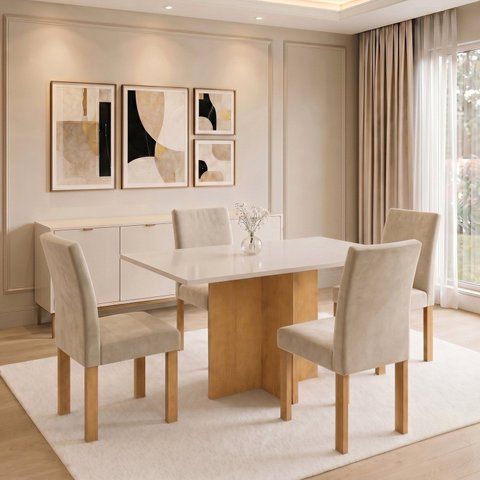 Conjunto de Mesa 4 Lugares Carol Espanha em MDF 120x80cm Cinamomo e Off White
