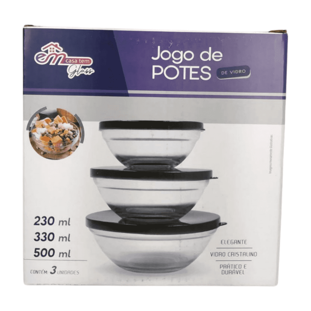 Jogo de Potes Tigelas 3 Peças de Vidro Tampa Plástico Bowls:preto - 5