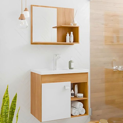 Conjunto Gabinete de Banheiro com Cuba Mármore e Espelheira:cinamomo/branco