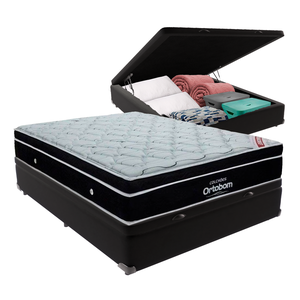 Cama Box Baú Casal Preto e Colchão Elegant Superpocket Molas Ensacadas Ortobom