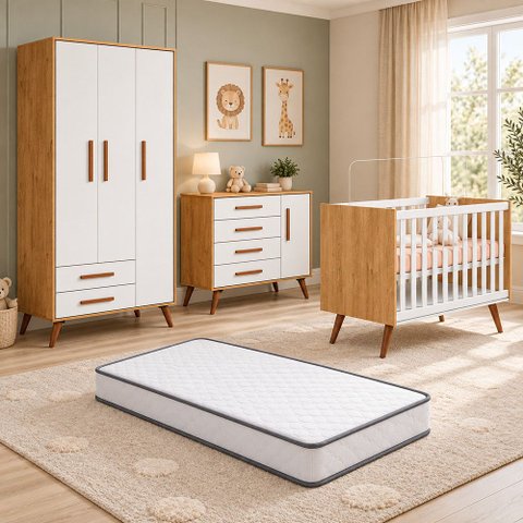 Quarto de Bebê Completo Q Encanto Retrô com Berço Mini Cama Guarda Roupa Cômoda e Colchão Movellu