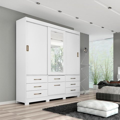 Guarda Roupa Mdf 3 Portas de Correr Espelho 7 Gavetas 1 Sapateira e 8 Pés Panan Móveis
