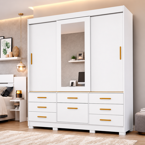 Guarda Roupa MDF 3 Portas de Correr Espelho 7 Gavetas 1 Sapateira e 8 Pés Lais - Panan