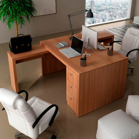 Conjunto Escritório Completo Com 2 Mesas em L e 6 Gavetas Cor: Amêndoa