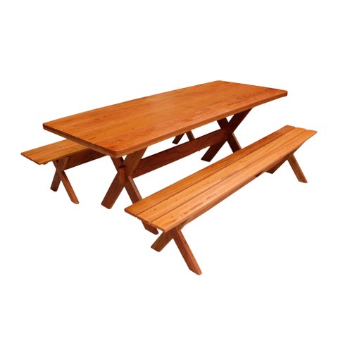 Conjunto Mesa 2,5m e 2 Bancos Sem Encosto Madeira Maciça Angelim