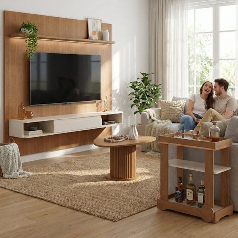 Sala de Estar Belluno Mesa Centro Carrinho Bar Rack Tv 75" Cinamomo/off White