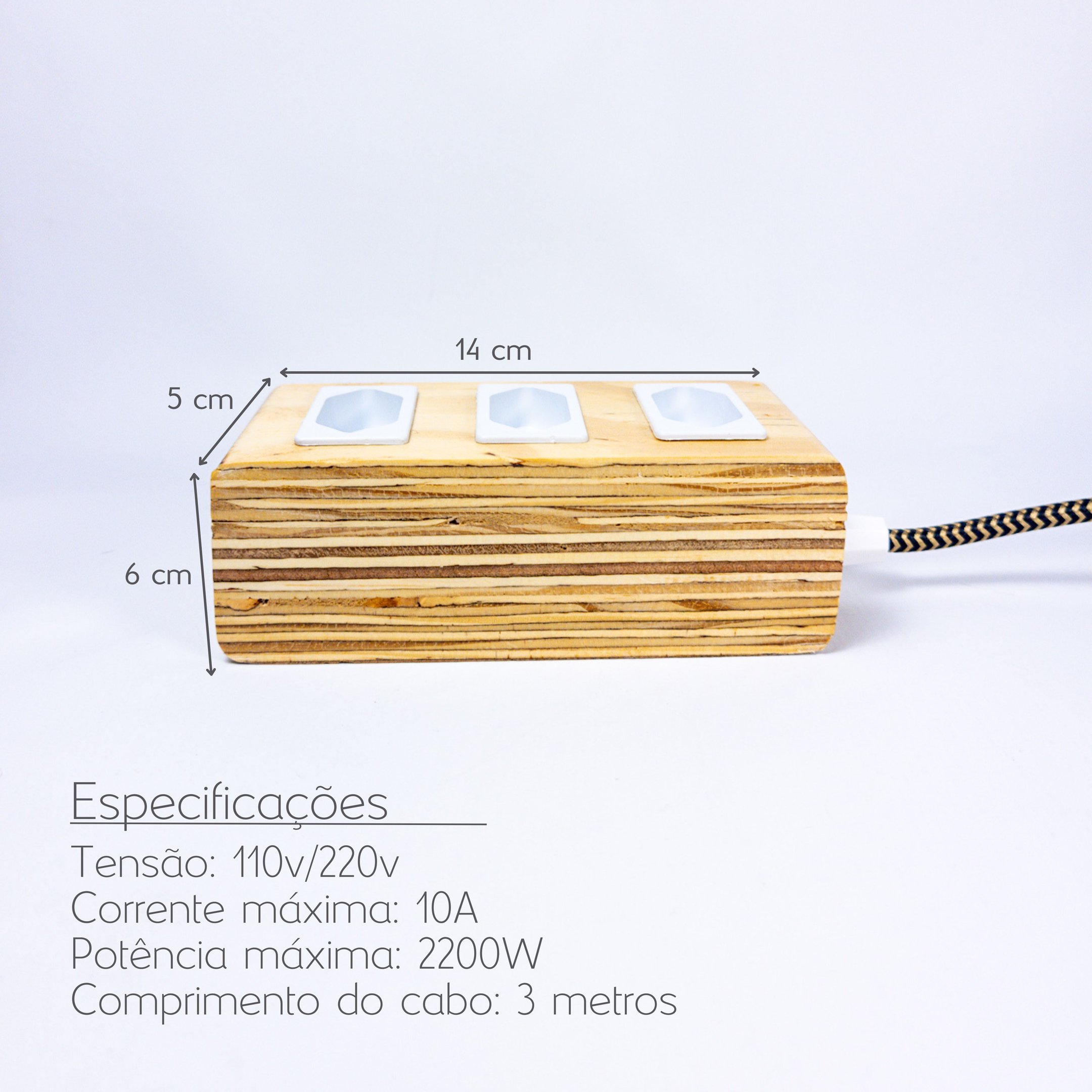 Extensão Madeira Régua Elétrica 3 Tomadas Branca - 4