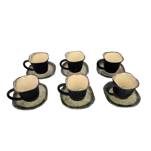 Conjunto Xícaras Chá 220ml Quadradas - Preto Fosco com Pires 220ml
