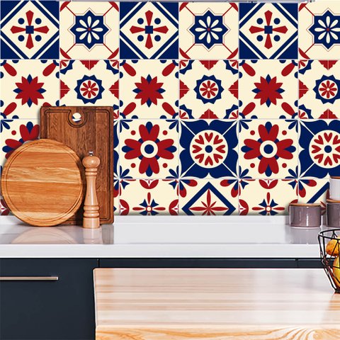 Adesivo de Azulejo Abstrato Bege, Vermeho e Azul Arte Destaque