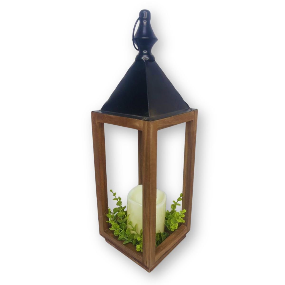 Lanterna Decorativa Classic em Vidro Metal e Madeira Preto com Vela 13x40 Cm - 4