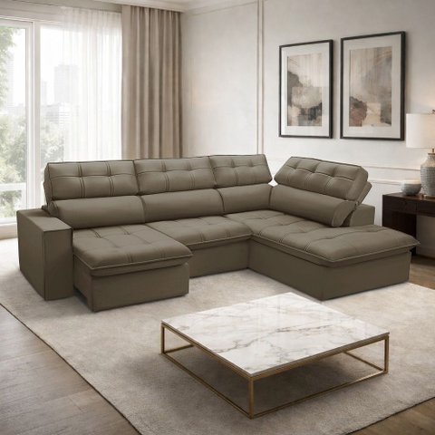 Sofá 4 Lugares Retrátil Reclinável Chaise Direito 288cm Solin F04 Veludo Marrom Claro - Lyam Decor