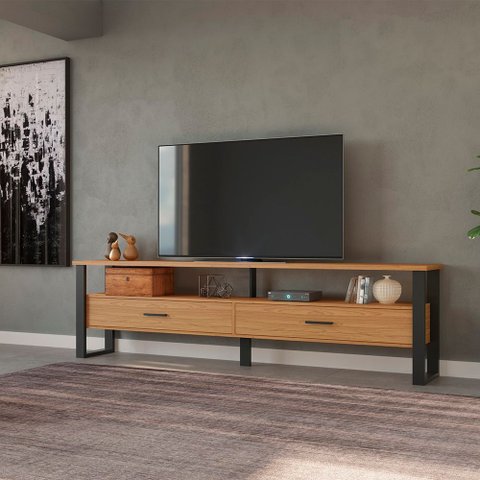 Rack para Tv até 60 Polegadas 02 Gavetas 220cm Estilo Industrial Freijó Preto Fosco Dalla Costa