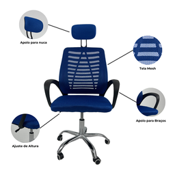 Cadeira Escritório Diretor Oficial Tela Mesh Apoio Nuca - Preto Azul - 3