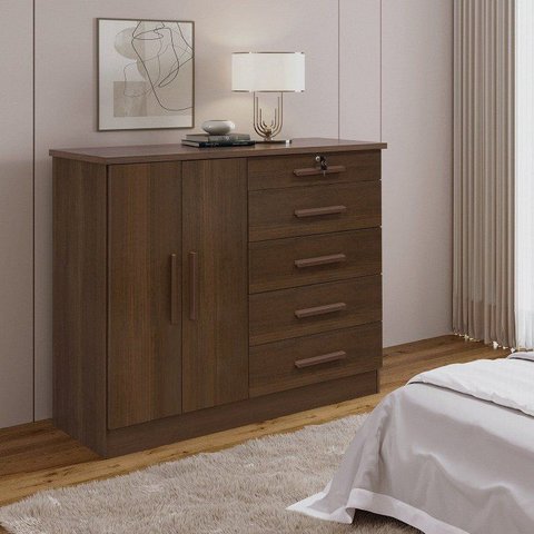 Cômoda com Sapateira e 5 Gavetas com Chave e Divisória Porta-Treco Tampo MDF Zeus Marrom/Castanho