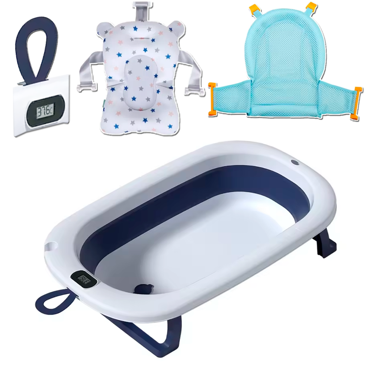 Banheira Retratil para Bebe com Termometro, Rede e Almofada - Azul