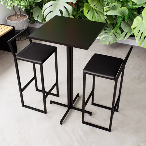 Conjunto Mesa Alta Bar Bistrô Quadrada Preta 2 Banquetas Confort Estofado Black Don Castro