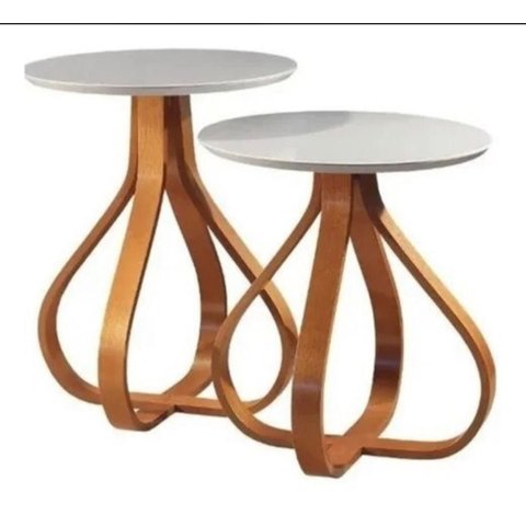 Mesa de Canto Pé Cebola 2 Mesas - Tampo Laqueado Offwhite com Vidro 50cm