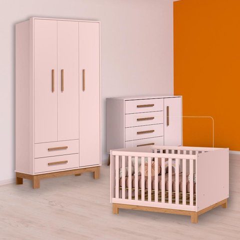Conjunto Berço Mini Cama Slim, Cômoda Sapateira Retrô e Guarda Roupa Slim Rosa