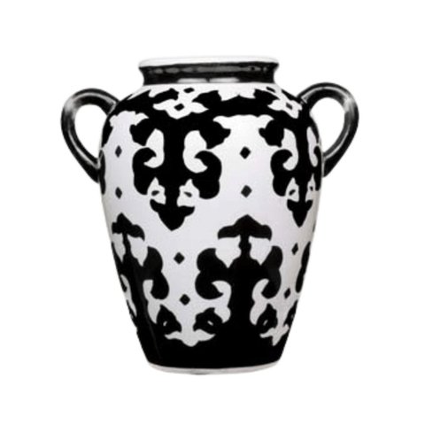 Vaso Decorativo Cerâmica Dolomita Preto e Branco Pintado À Mão com Alças 25cm Columbus Gold