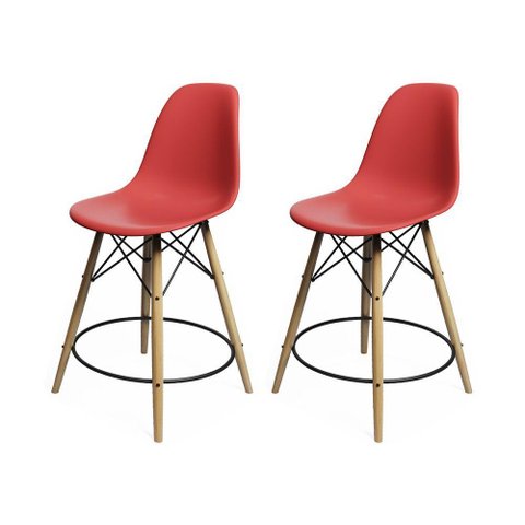 Kit 2 Banquetas Eames Eiffel de Madeira Assento Vermelho