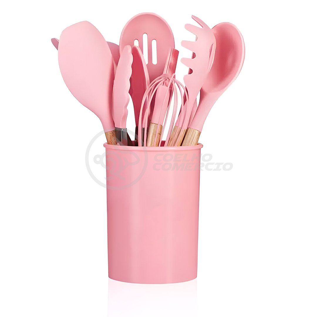 Kit de Cozinha Utensílios de Silicone Conjunto de 12 Peças Resistente e Fácil de Limpar Rosa Cor:ros