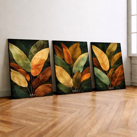 Kit 3 Quadro Decorativo Folhas Verdes Tropical Botânico Natureza 28x20cm