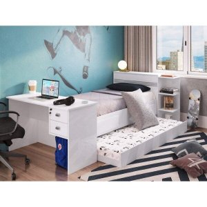 Conjunto Quarto de Solteiro Bicama com Baú e Escrivaninha 2 Gavetas Play Espresso Móveis