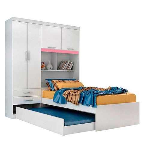 Guarda Roupa Solteiro com Bicama 4 Portas 2 Gavetas e Bau Milena Acp Móveis Branco/rosa